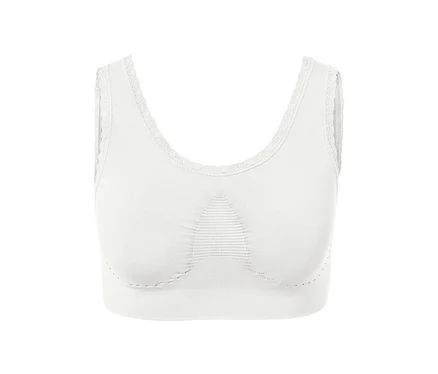 Vue détaillée d'une brassière sans coutures blanche avec bordure en dentelle.