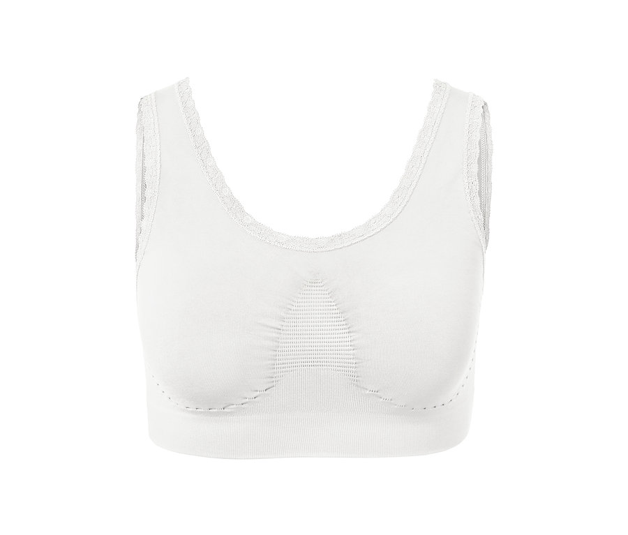 Vue détaillée d'une brassière sans coutures blanche avec bordure en dentelle.