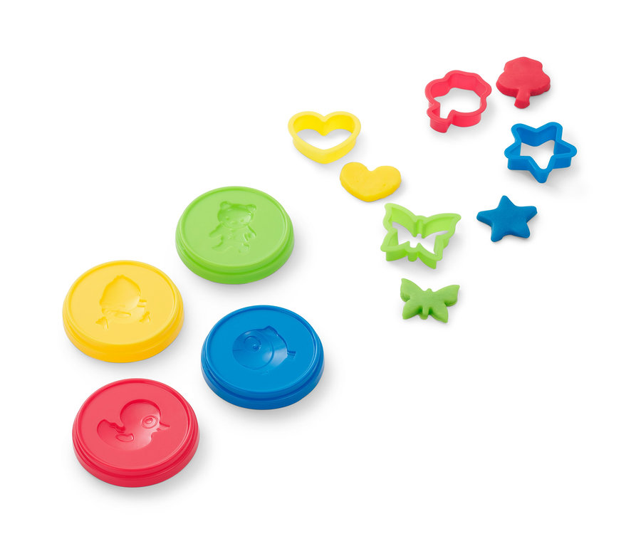 Kit de pâte à modeler multicolore avec couvercles avec animaux en relief et emporte-pièces.