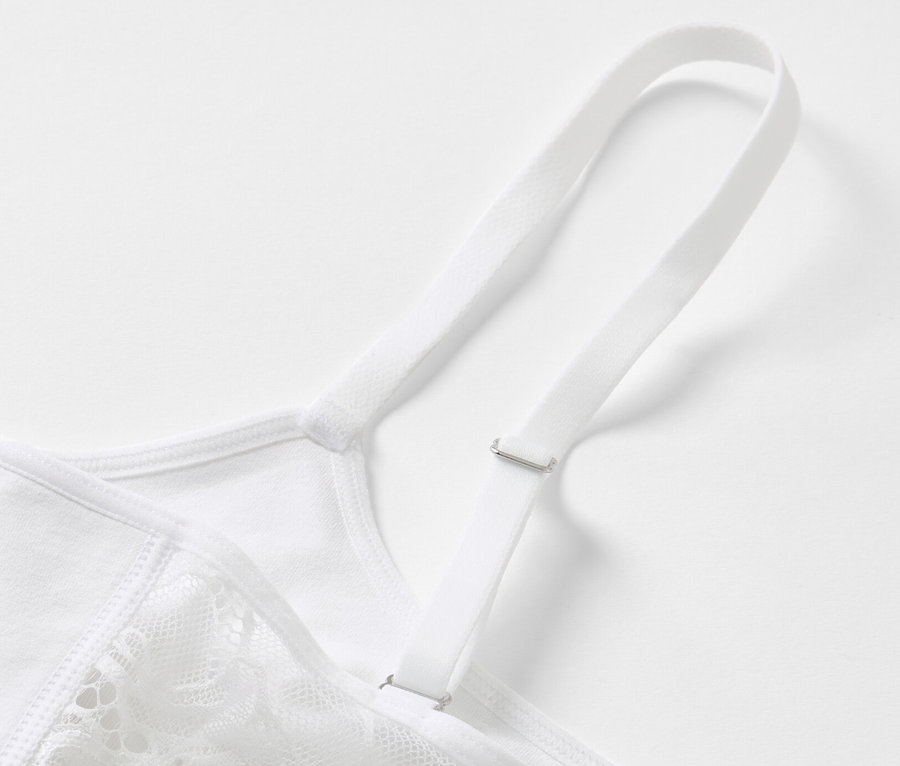 Détail d'une brassière seamless blanche avec de la dentelle.