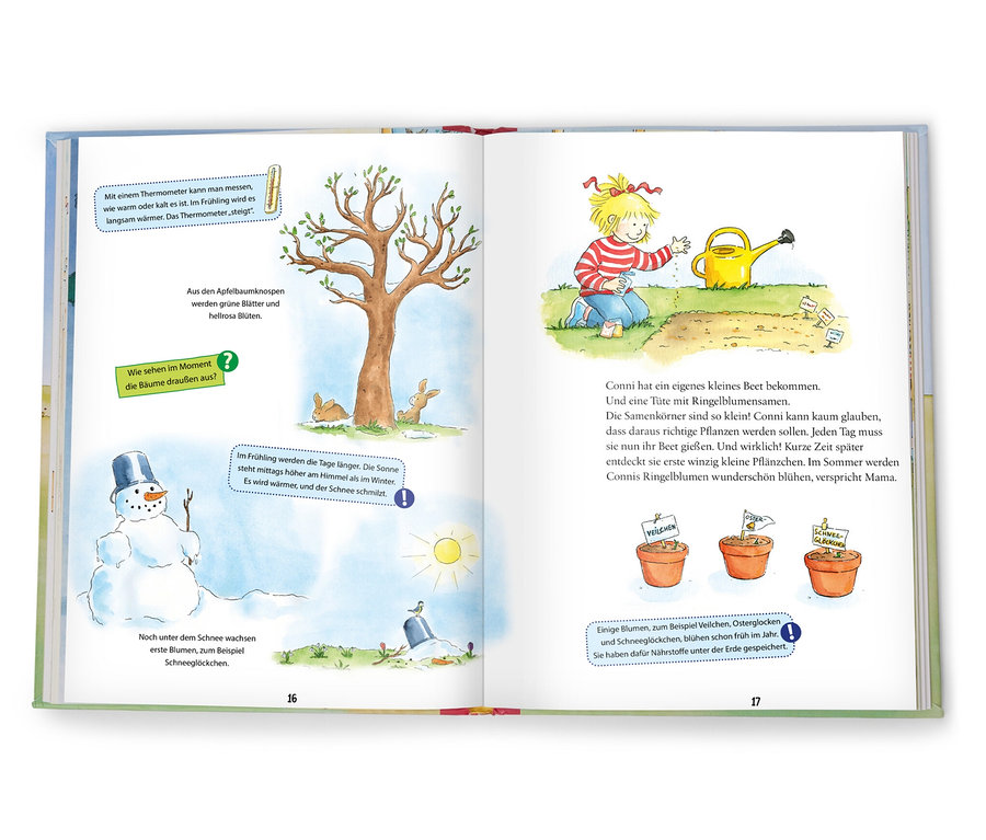 Un livre ouvert illustre Conni arrosant un parterre et cultivant des fleurs, Livre «Durch das Jahr mit Conni» (en allemand).