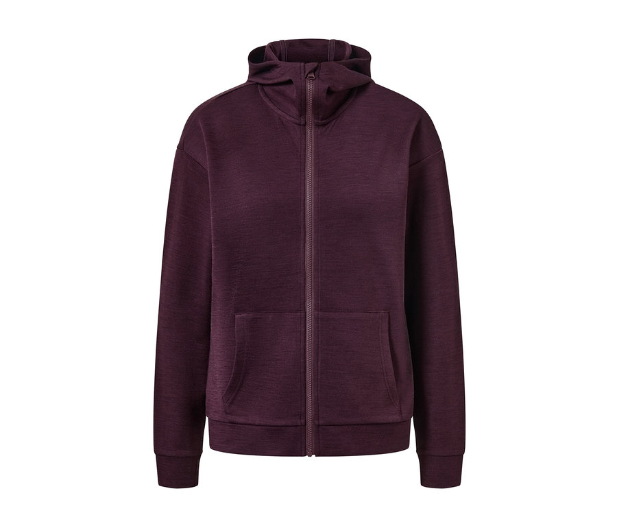 Veste à capuche mauve avec laine certifiée RWS, fermeture éclair et poches.