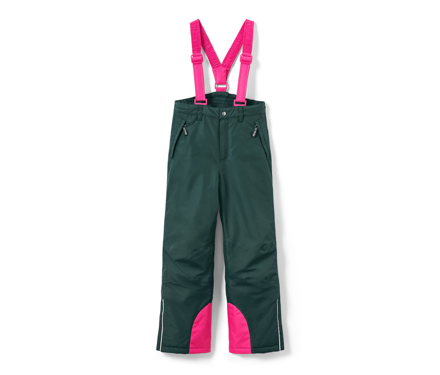Pantalon de ski pour enfant vert foncé avec des bretelles roses.
