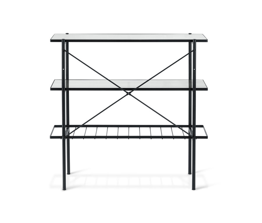 Console d'une largeur d'environ 90 cm avec trois étagères en verre et un cadre en métal noir.