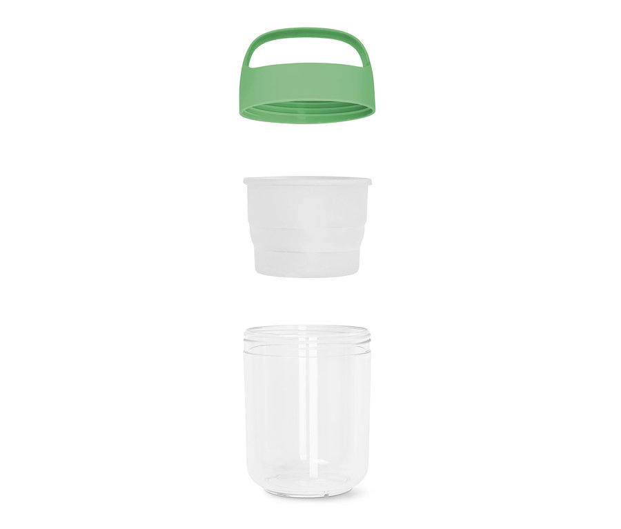 Récipient pour produits à emporter avec poignée, petit, démonté, comprenant un couvercle vert, un récipient intérieur blanc et un récipient extérieur transparent.