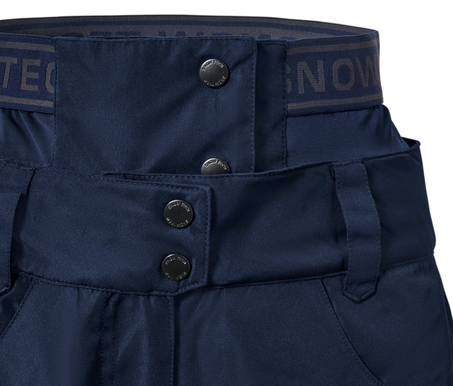 Détail d'un pantalon de ski et de snowboard bleu.