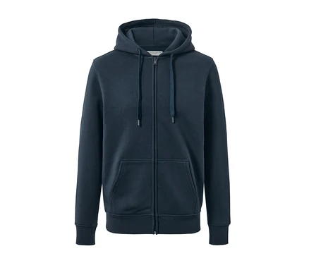 Veste à capuche bleu marine avec fermeture éclair au centre.