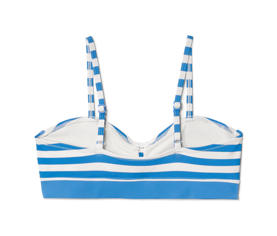 Vue détaillée d'un lot de bikini pour enfant, 3 pièces, avec des rayures bleues et blanches.