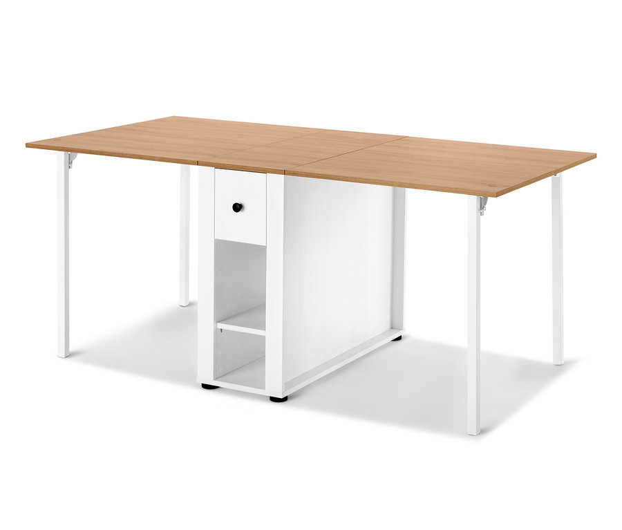 Table extensible avec plateau en bois clair et cadre blanc.