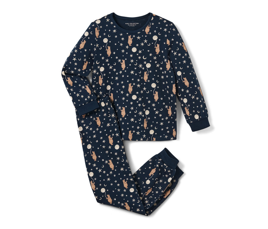 Pyjama bleu marine pour enfant avec des ours tenant des ballons, des étoiles et des lunes.