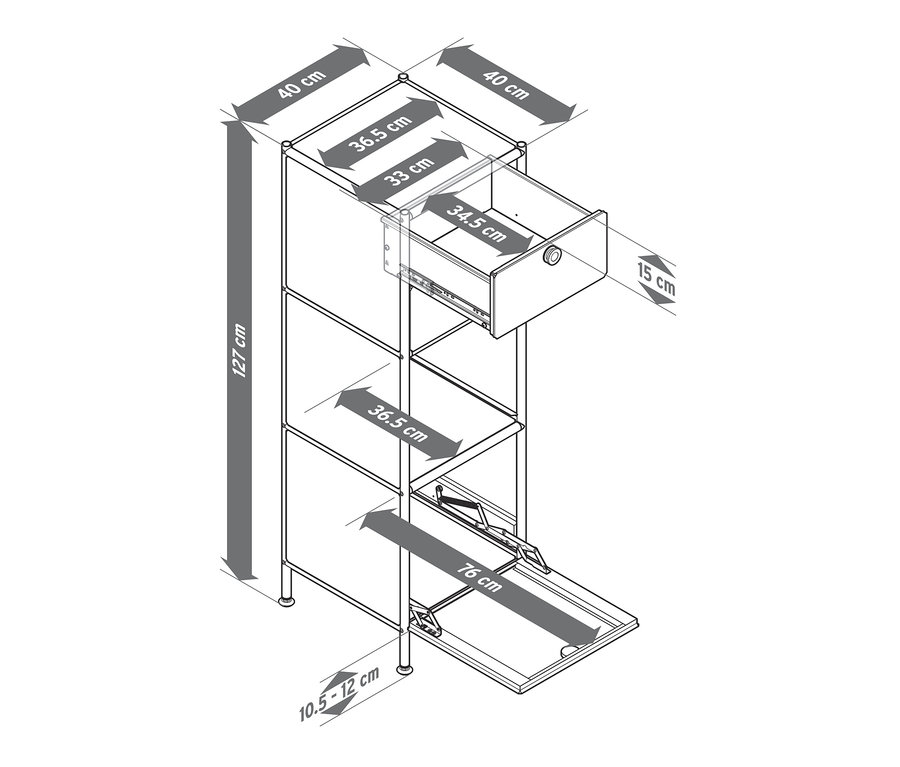 Un schéma du commode étroit en métal « CN3 » avec deux tiroirs et 1 compartiment abattant montre ses dimensions.