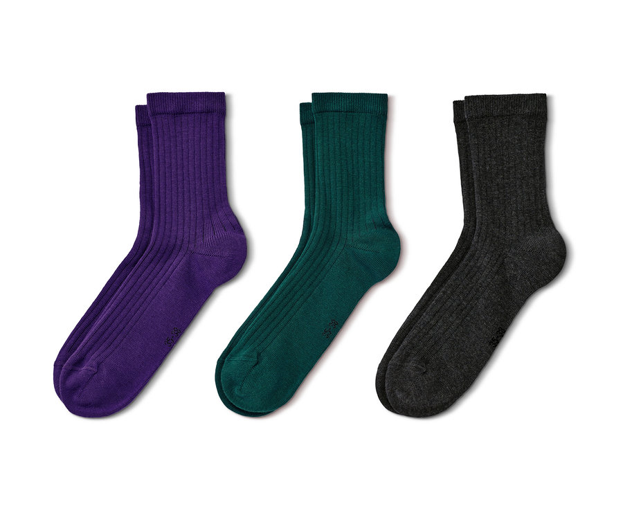 Chaussettes côtelées violettes, vertes et anthracite, 3 paires.