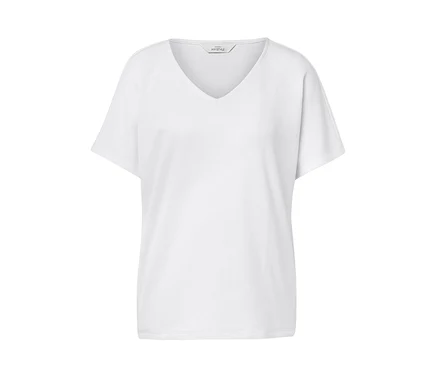 Blouse structurée blanche à manches courtes et encolure en V.