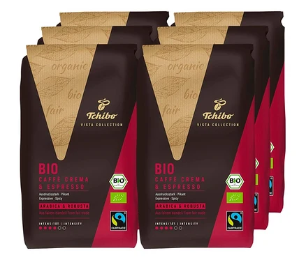 Six paquets de café Vista Collection Bio Caffé Crema & Espresso en grains - 6x 1 kg.