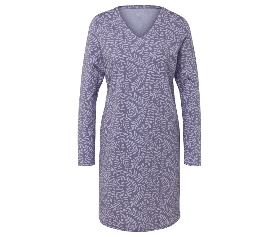 Robe lilas à manches longues avec motif de feuilles.