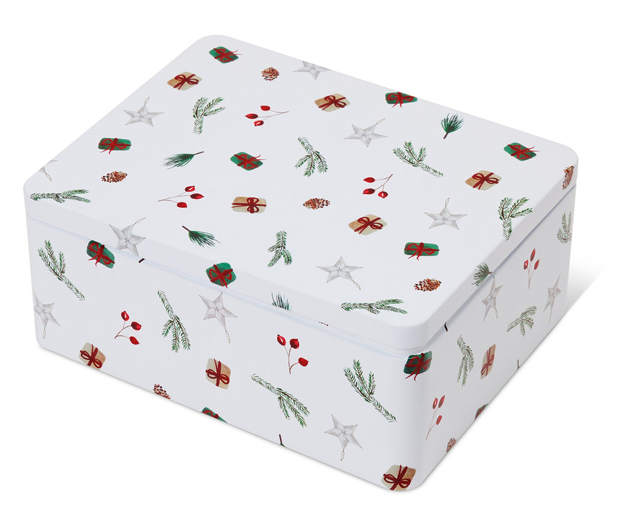 Une boîte en fer blanc blanche avec des motifs de Noël représentant des étoiles, des branches, des baies et des cadeaux.