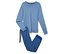 Pyjama bleu à manches longues et pantalon bleu à motifs.