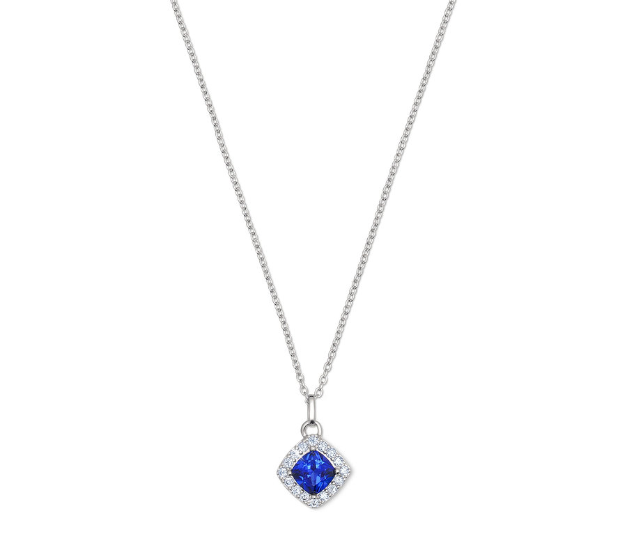 Collier en argent avec pendentif carré bleu orné de pierres blanches.