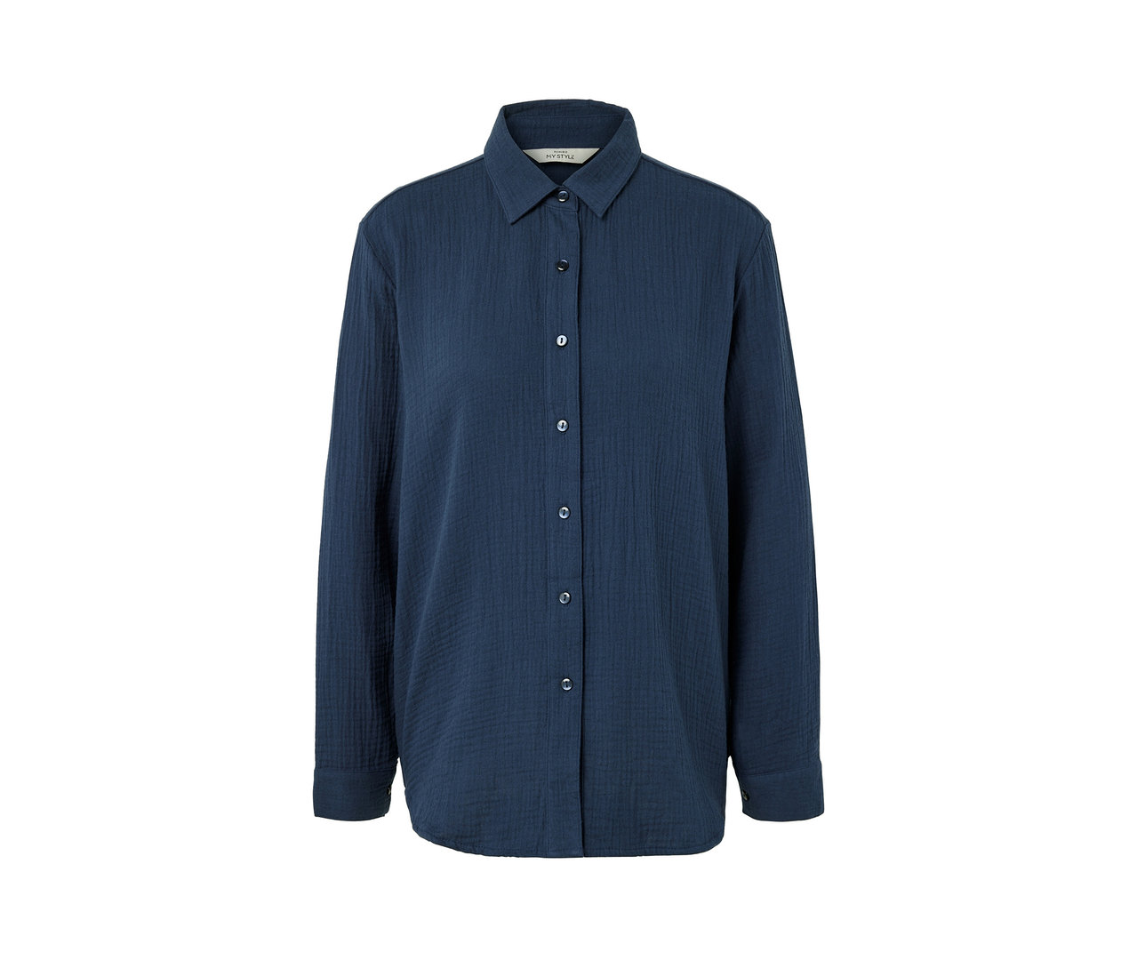 Chemisier en mousseline bleu marine avec col et patte de boutonnage.
