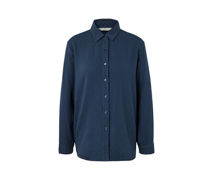 Chemisier en mousseline bleu marine avec col et patte de boutonnage.