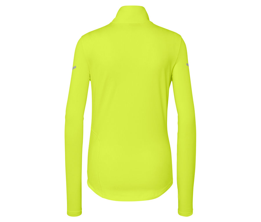 Vue arrière d'un haut de sport à manches longues jaune fluo avec fermeture éclair au niveau du cou.