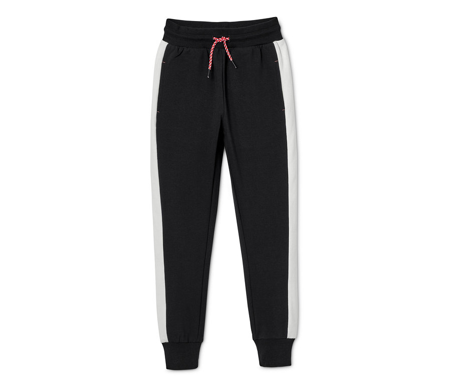 Pantalon de survêtement noir de l'Ensemble molletonné, 2 pièces avec une bande blanche et des lacets rouge et blanc.