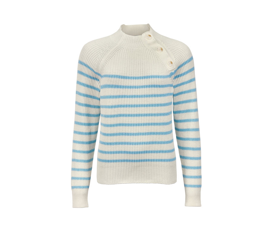Pull en maille crème à rayures bleu clair avec boutons.