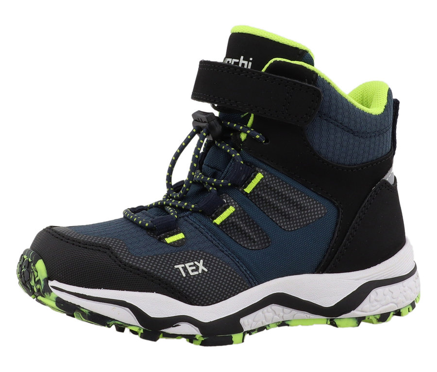 Gros plan sur une chaussure pour enfant LURCHI »Leonard-TEX« bleue, noire et verte.