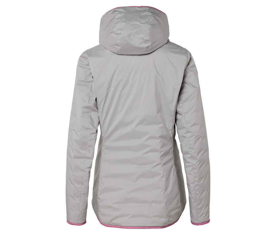 Vue arrière d'une veste grise à capuche avec une bordure rose.