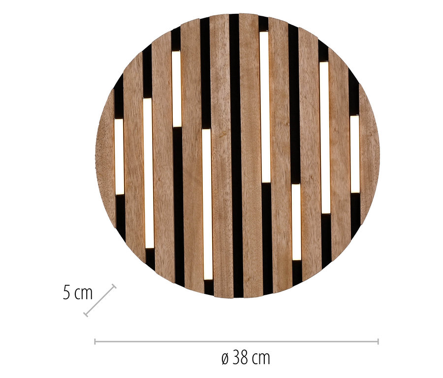 Dessous de plat rond de 38 cm de diamètre en bois clair avec des rayures noires.