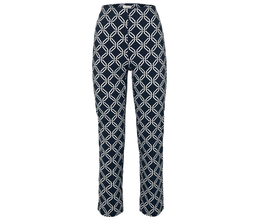 Pantalon avec un motif géométrique bleu marine et blanc.