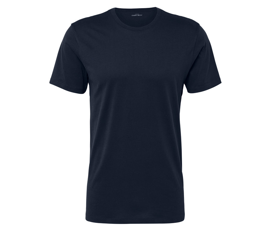 Un t-shirt bleu marine sur un fond blanc.