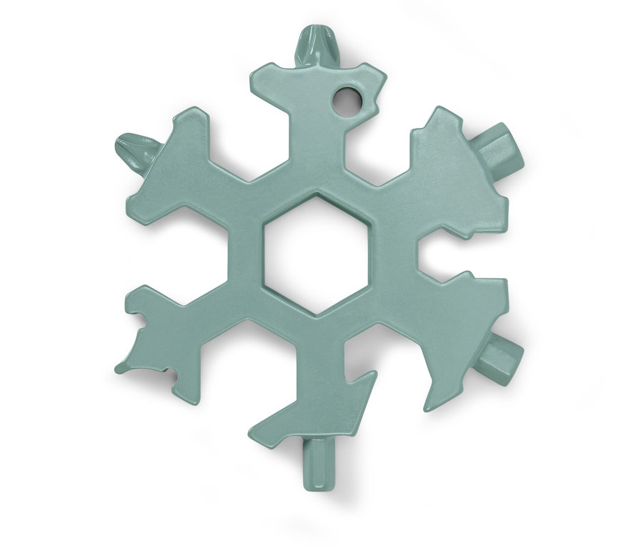 Une clé multifonctionnelle verte en forme de flocon de neige sur fond blanc.