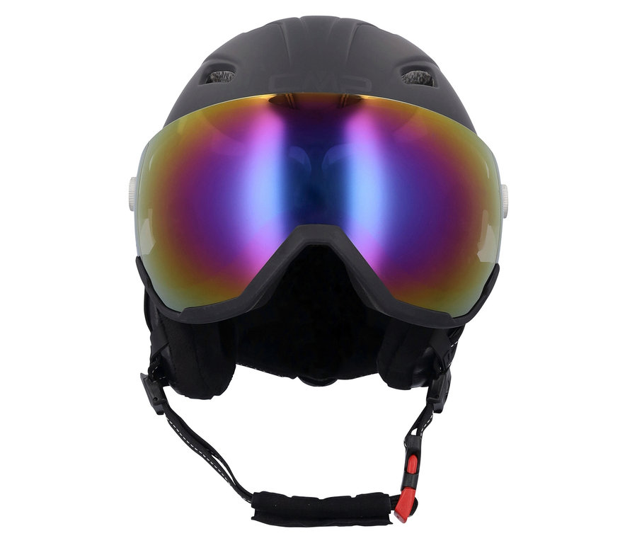 Casque de ski noir avec visière colorée.