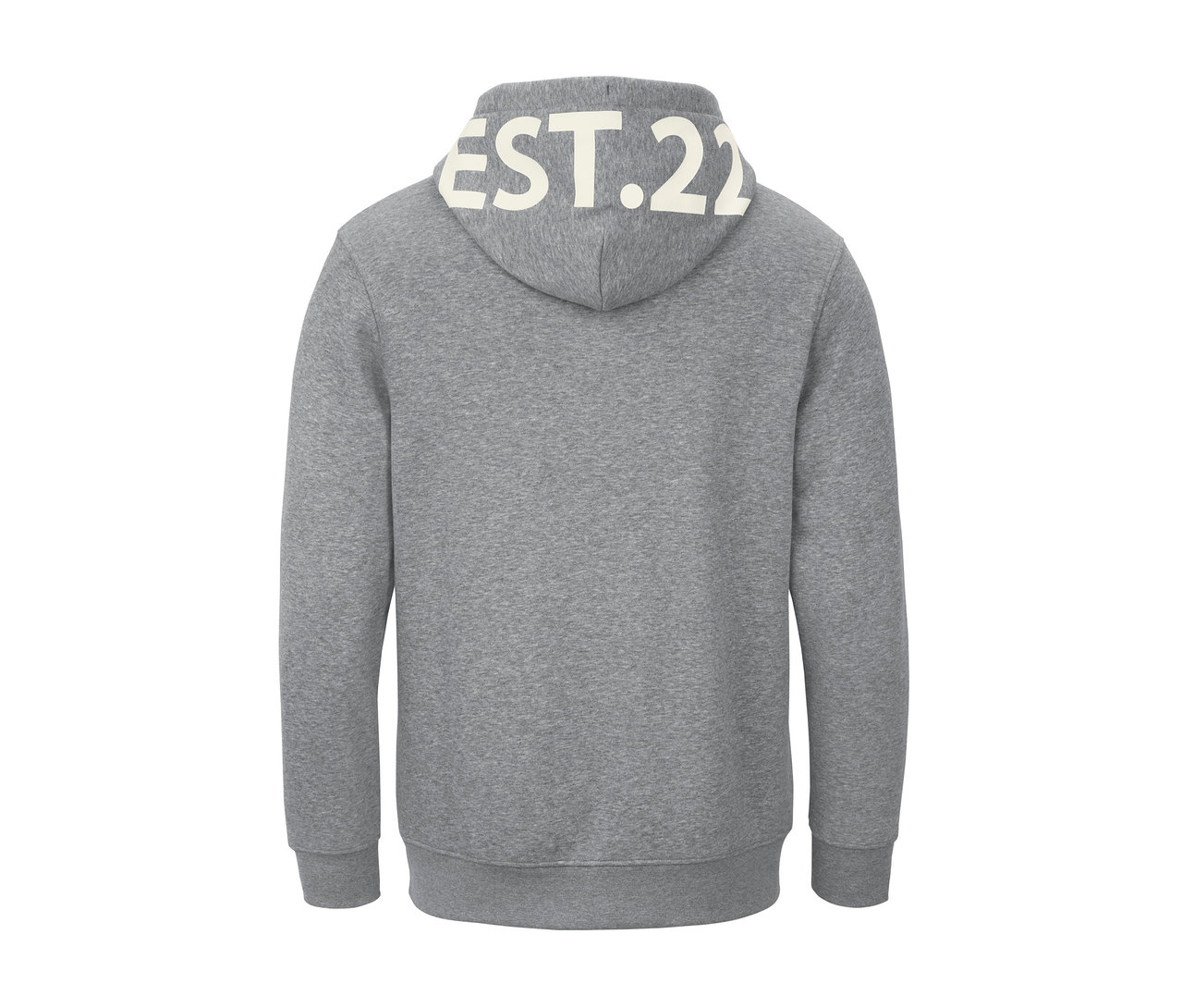 Sweat-shirt à capuche gris avec l'inscription EST.22 sur la capuche.