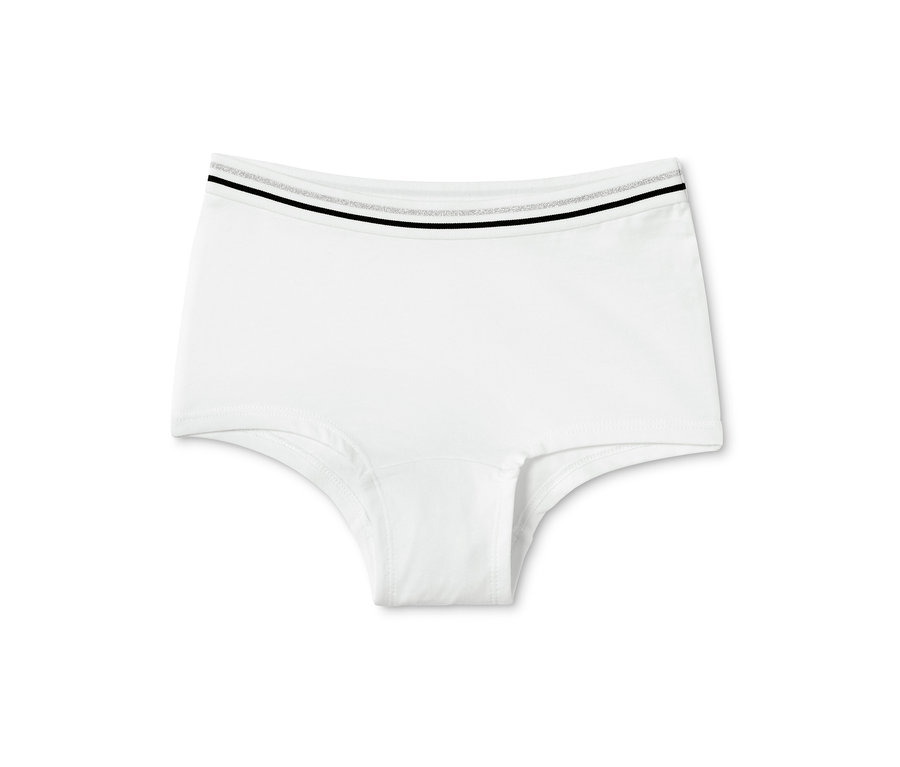 Culotte blanche pour fille avec rayures noires et argentées à la taille. Culotte issue d'un lot de 7 pour filles.