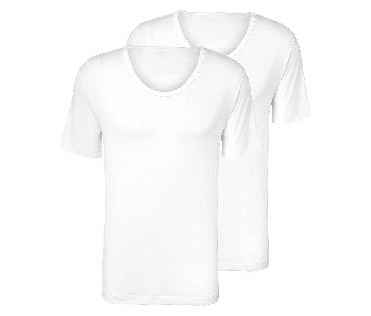 Deux t-shirts blancs à manches courtes sont posés l'un sur l'autre.