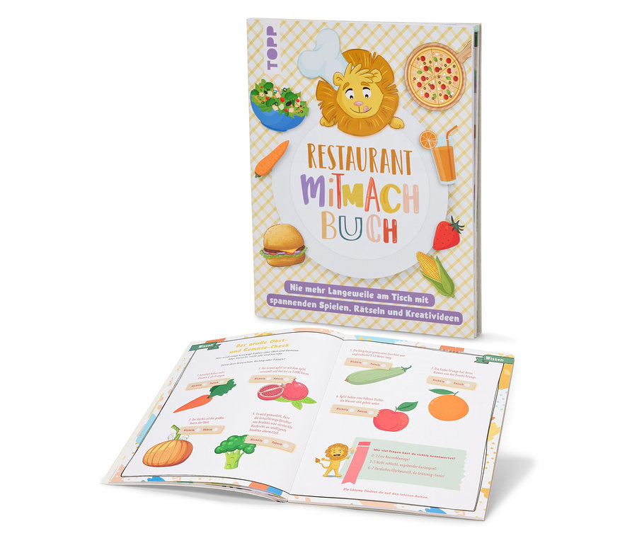 Deux livres : un avec une couverture présentant un lion de dessin animé et des aliments, l'autre ouvert avec des illustrations de fruits et légumes.