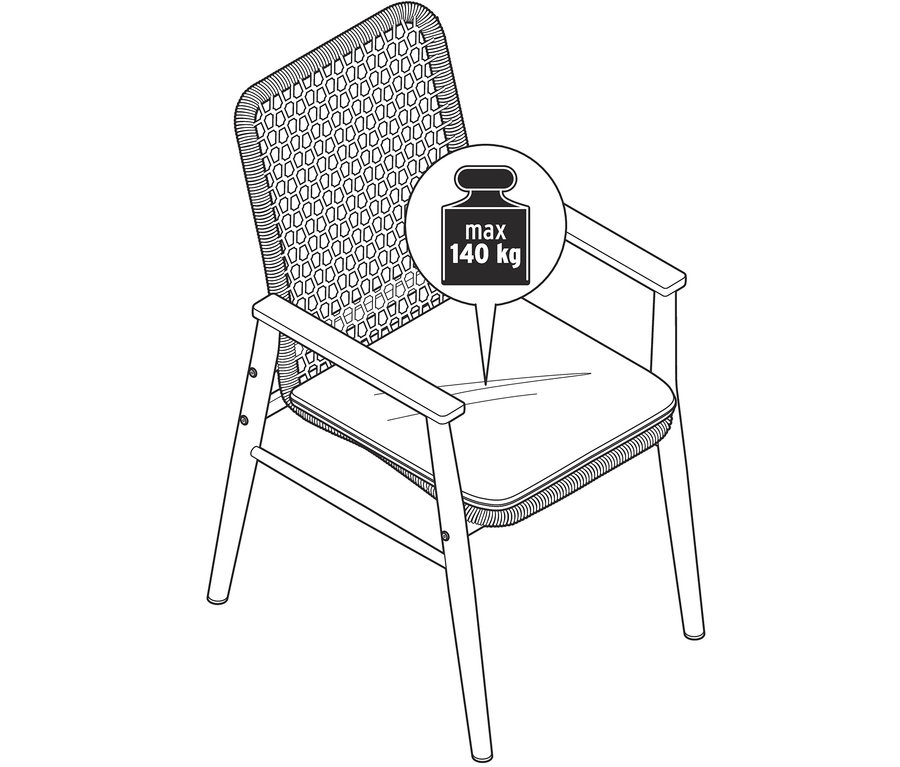 Dessin d'une chaise de salle à manger avec accoudoirs en teck et tressage textile.