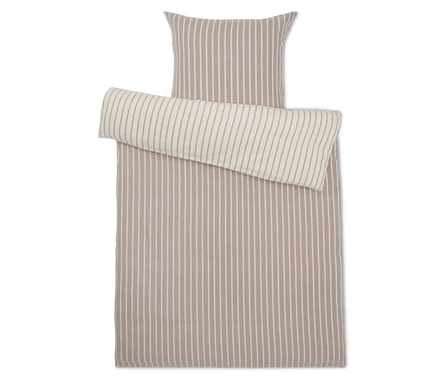 Linge de lit rayé beige et blanc pour oreiller et couette.