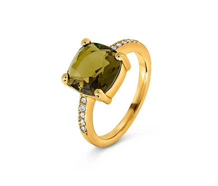 Bague dorée avec pierre en cristal de verre vert-marron.
