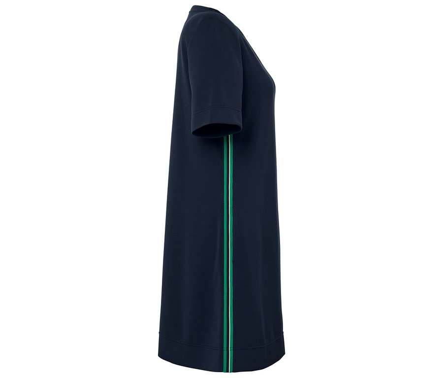 Robe bleu marine à manches courtes avec une bande verte sur le côté.