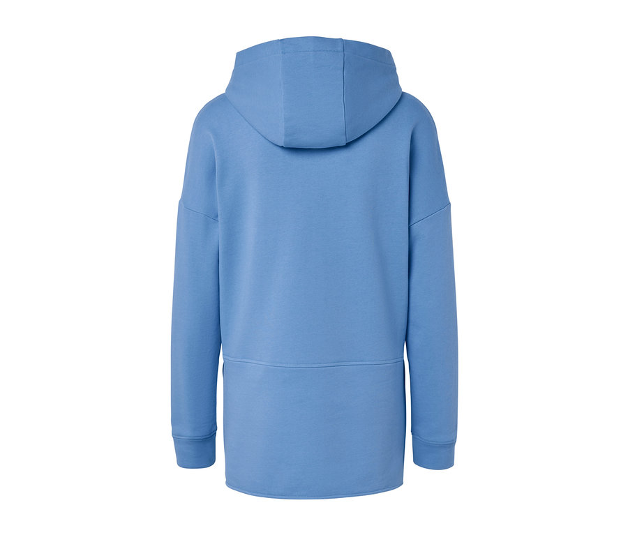 Vue arrière d'un sweatshirt long à capuche bleu clair.