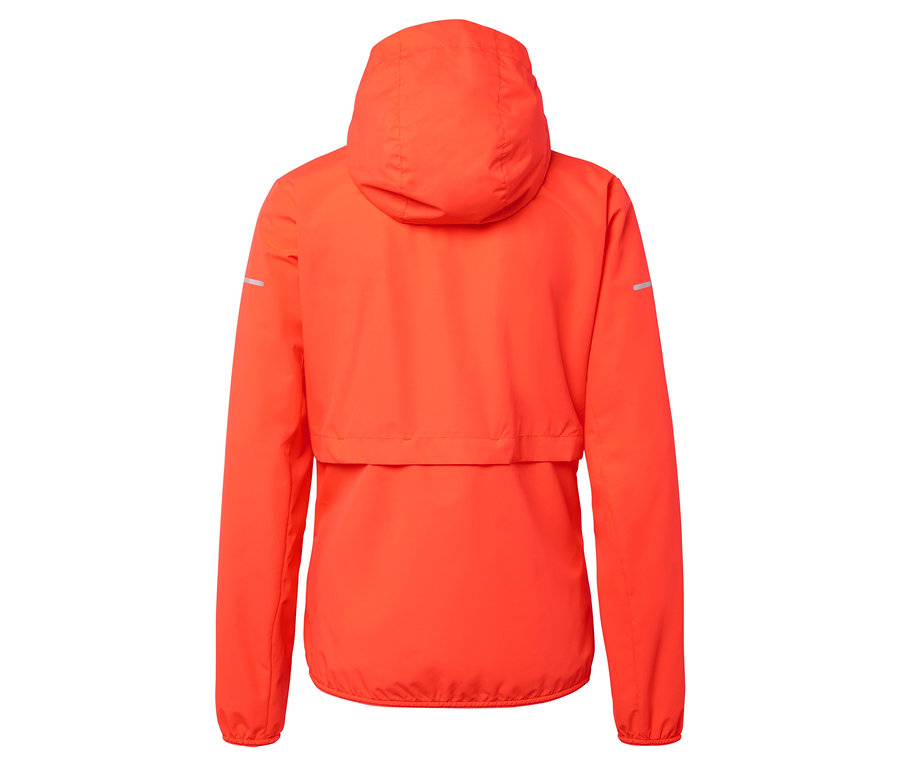 Vue arrière d'une veste orange à capuche.