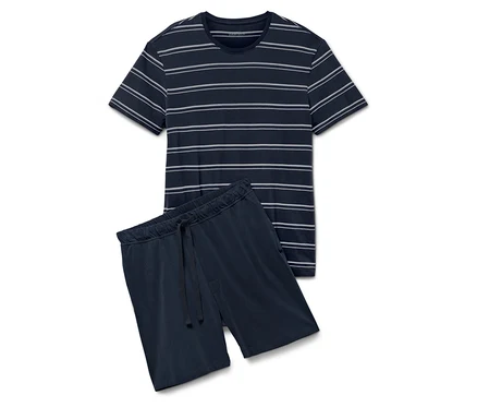 Pyjama rayé à manches courtes et short en bleu marine.