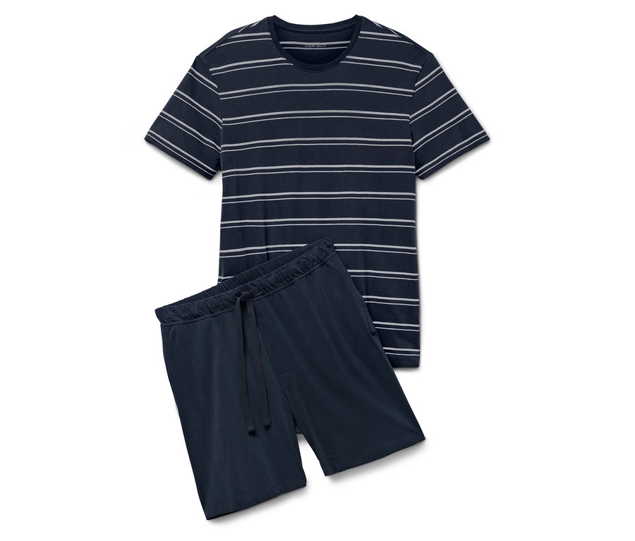 Pyjama rayé à manches courtes et short en bleu marine.