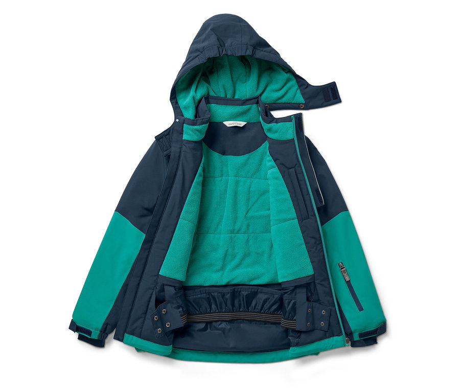 Veste ouverte bleu marine et verte avec capuche.