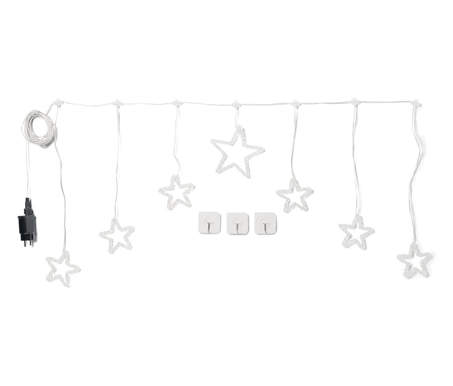 Guirlande lumineuse blanche avec étoiles et trois supports de câbles sur fond blanc.