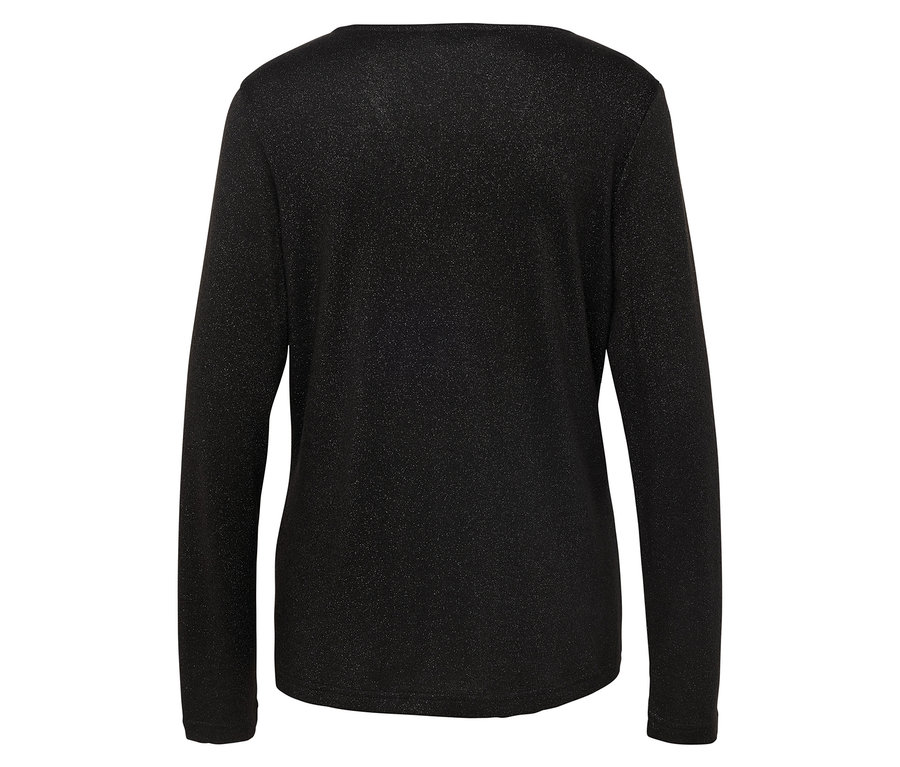 Vue arrière d'un t-shirt noir à manches longues pailleté avec un col rond.