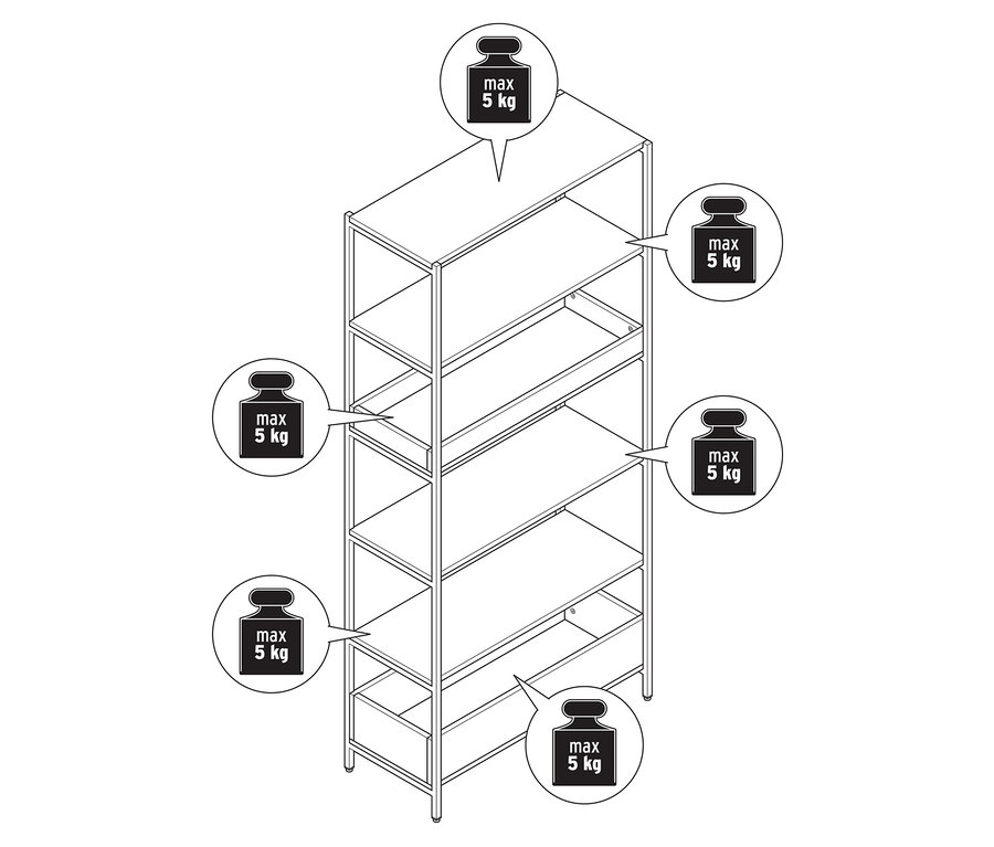 Illustration d'une étagère métallique linéaire avec six tablettes et une capacité de charge maximale de 5 kg par tablette.